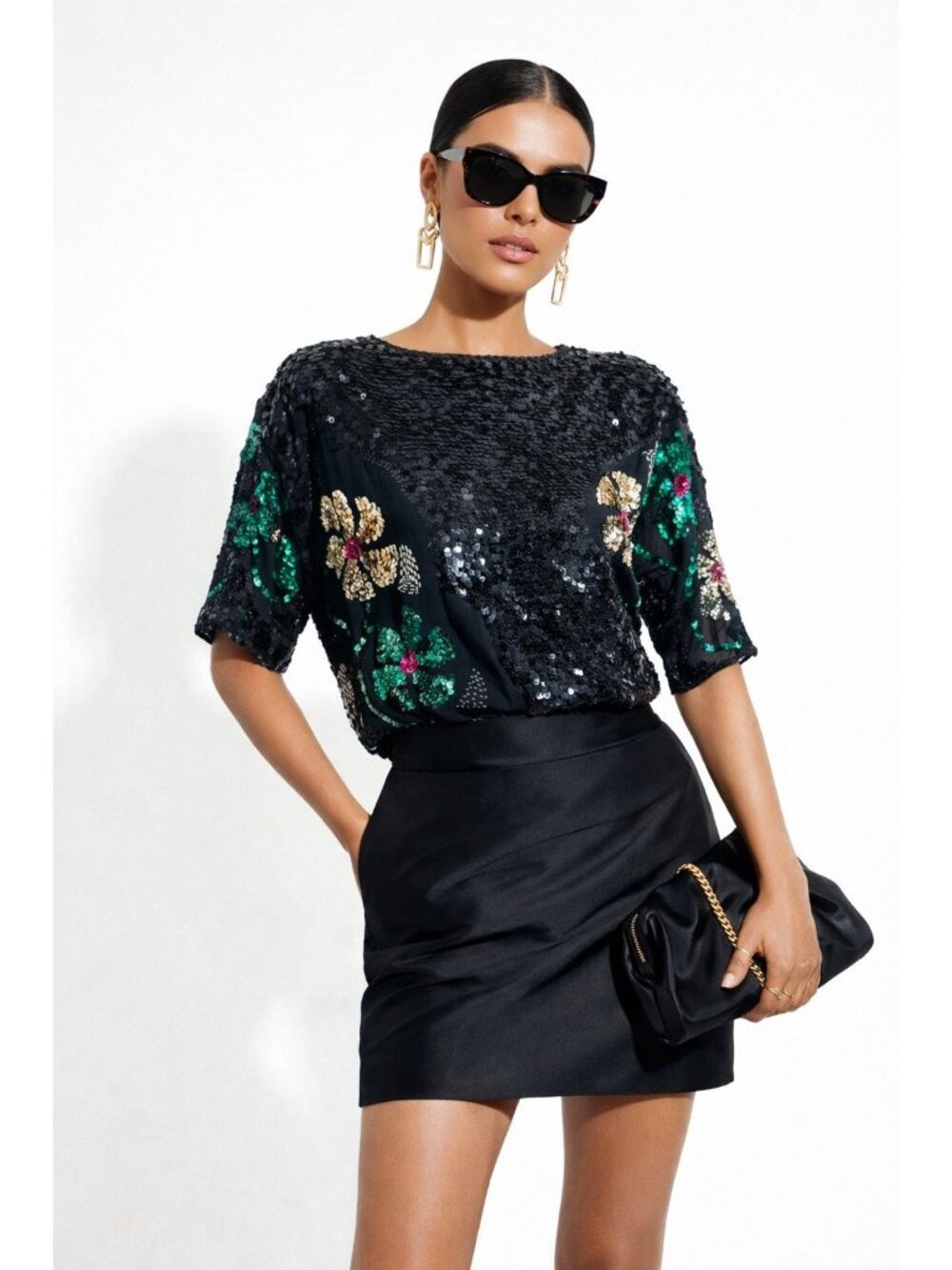 Vintage Sequin Black Floral Short Sleeve Silk Blouse Formal Party Evening Wear L